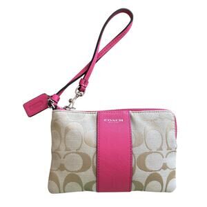 Coach Signature Pink Leather Stripe Wristlet Pouch Clutch Purse